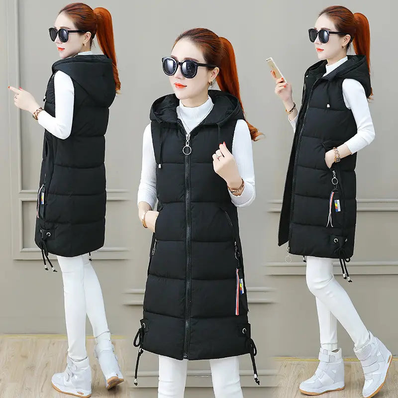 Women's Black Mid-Length Down Vest Slim Fit Autumn Winter