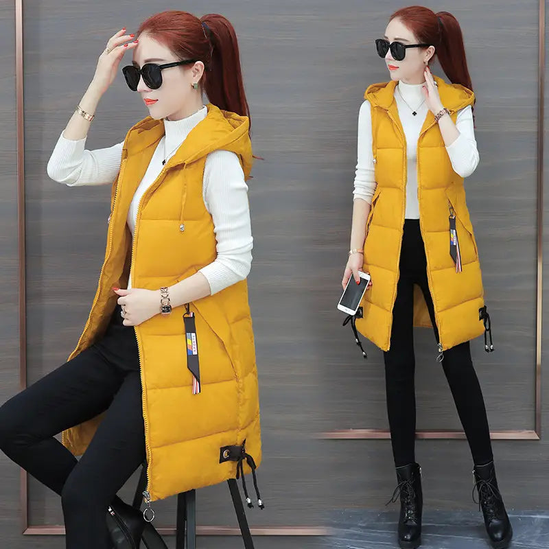 Women's Black Mid-Length Down Vest Slim Fit Autumn Winter