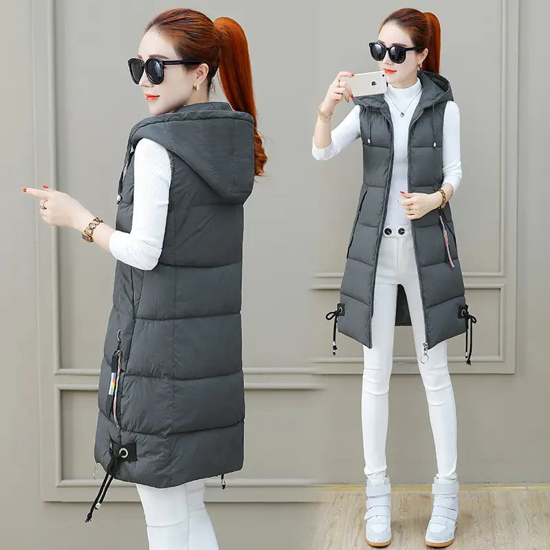 Women's Black Mid-Length Down Vest Slim Fit Autumn Winter