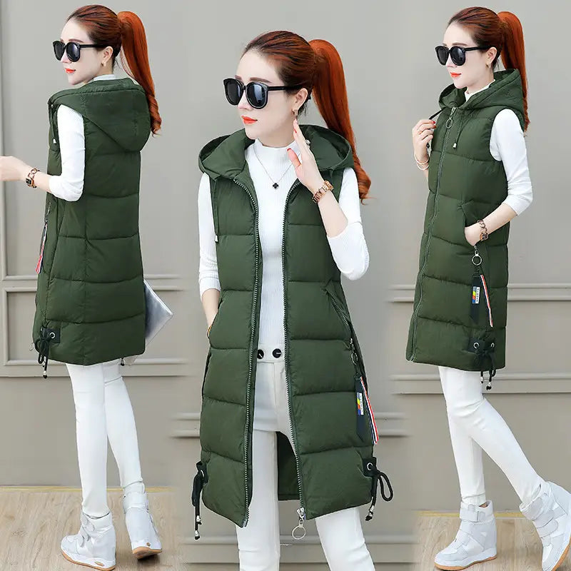 Women's Black Mid-Length Down Vest Slim Fit Autumn Winter