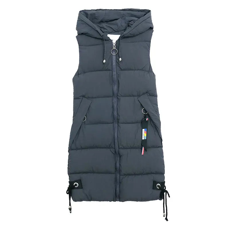 Women's Black Mid-Length Down Vest Slim Fit Autumn Winter