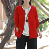 Women Red Cotton Linen Loose Cardigan Jacket