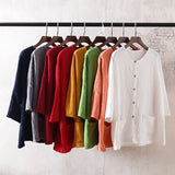 Women Red Cotton Linen Loose Cardigan Jacket