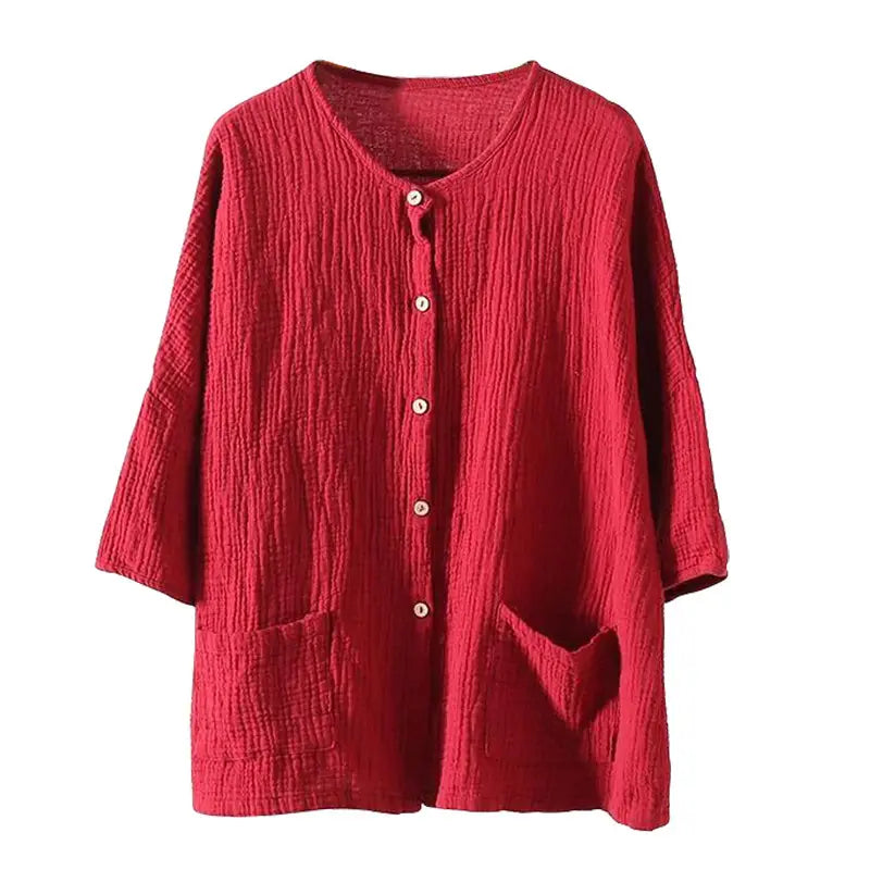 Women Red Cotton Linen Loose Cardigan Jacket