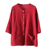 Women Red Cotton Linen Loose Cardigan Jacket