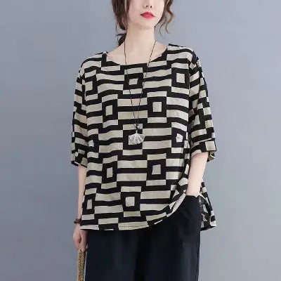 Plus Size Women T-Shirt Black Plaid Summer Slim Fit