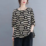 Plus Size Women T-Shirt Black Plaid Summer Slim Fit