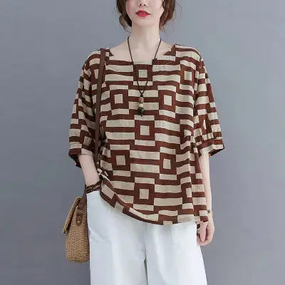 Plus Size Women T-Shirt Black Plaid Summer Slim Fit