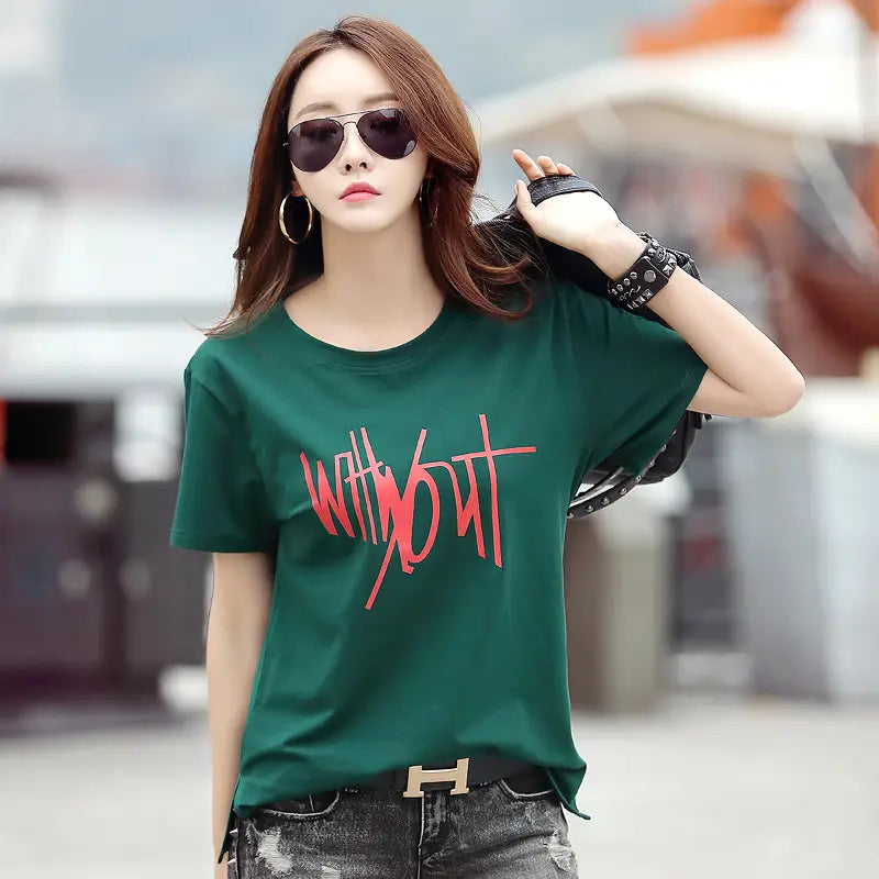 Women Loose Korean Printed T-Shirt Plus Size Orange
