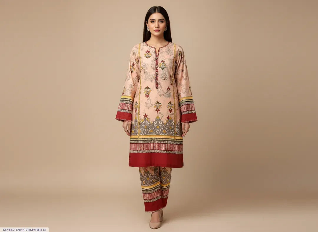 Women Unstitched Printed Suit Pink Polo Cotton 2 Pcs