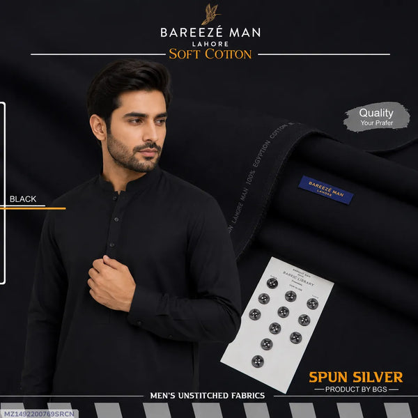 Men Black Cotton Unstitched Suit Summer