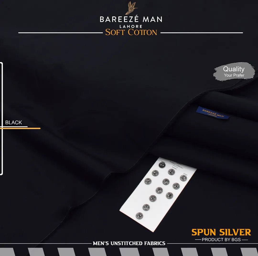 Men Black Cotton Unstitched Suit Summer