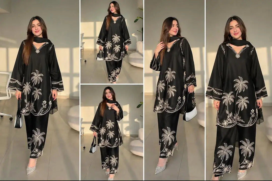 2 Pcs Women's Stitched Cotton Embroidered Shirt And Trouser