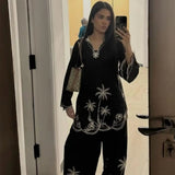 2 Pcs Women's Stitched Cotton Embroidered Shirt And Trouser