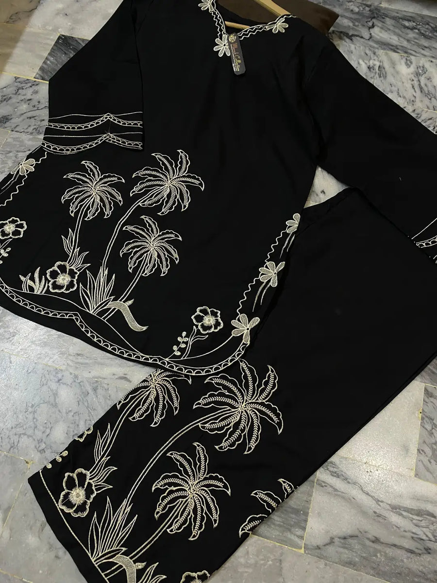 2 Pcs Women's Stitched Cotton Embroidered Shirt And Trouser