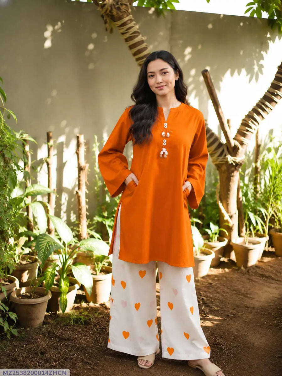 2 Pcs Women's Stitched Cotton Plain Shirt And Trouser