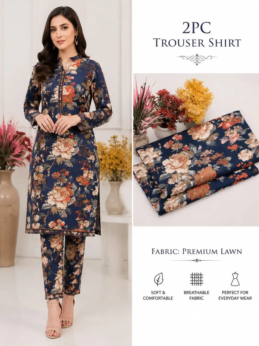 2 Pcs Women's Unstitched 3-D Block Printed Suit